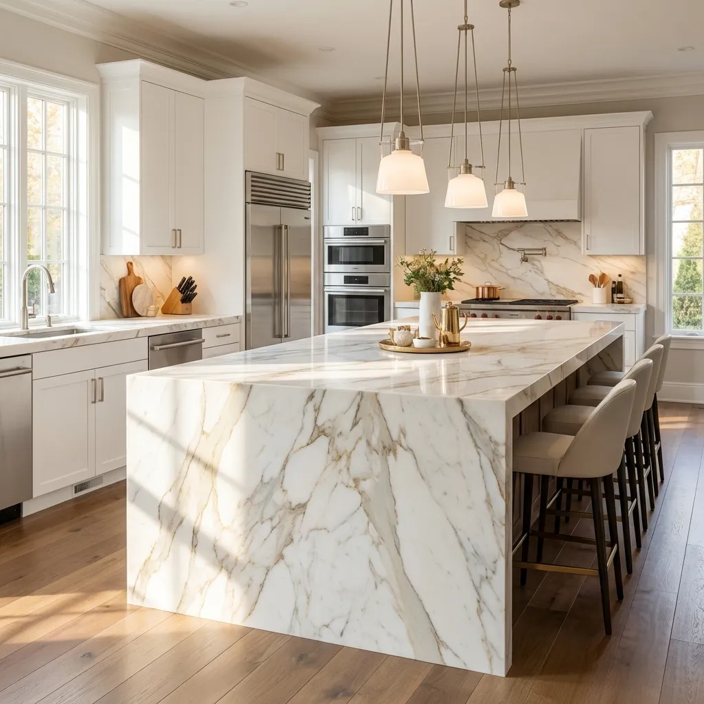 Calacatta Ragno quartz worktop with intricate web-like veining