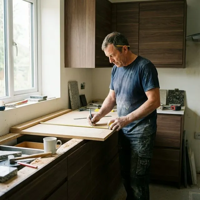 Stonemason hand-templating a kitchen worktop