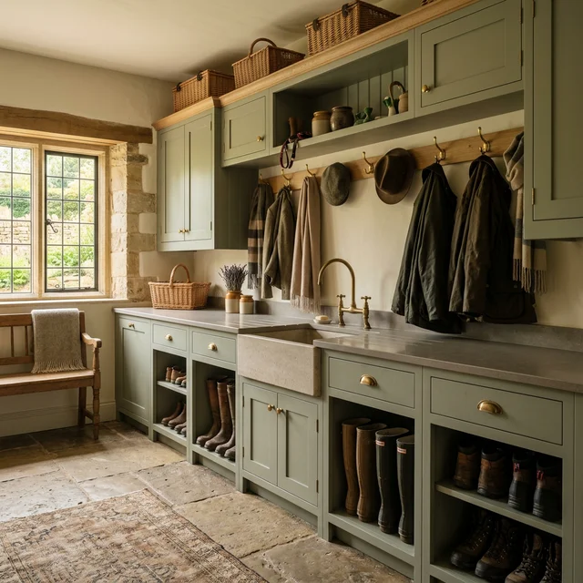 Luxury country boot room with sage green cabinetry, grey stone worktop, integrated stone sink, and cubbyholes for wellington boots