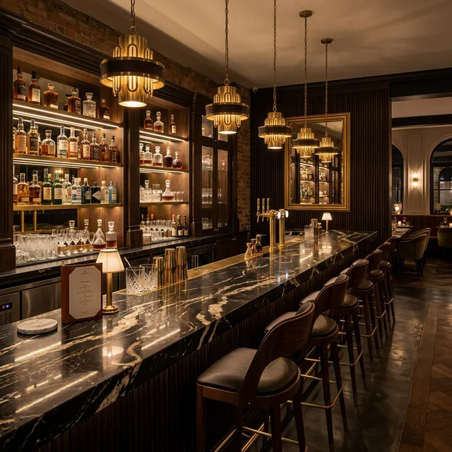 Premium commercial bar with polished dark stone counter top and ambient lighting