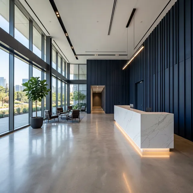Premium corporate office lobby with a polished white marble-effect quartz reception desk and warm ambient lighting