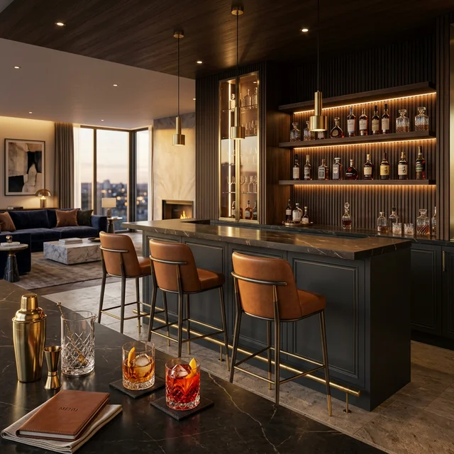 Luxury home bar with a dramatic dark stone worktop and warm ambient lighting in a contemporary living space