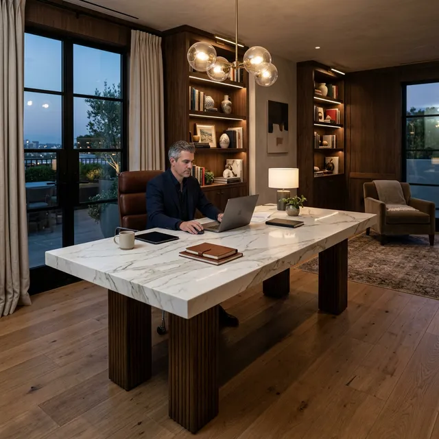 Luxury home office with a dramatic calacatta quartz desk surface, leather chair and floor-to-ceiling bookshelves