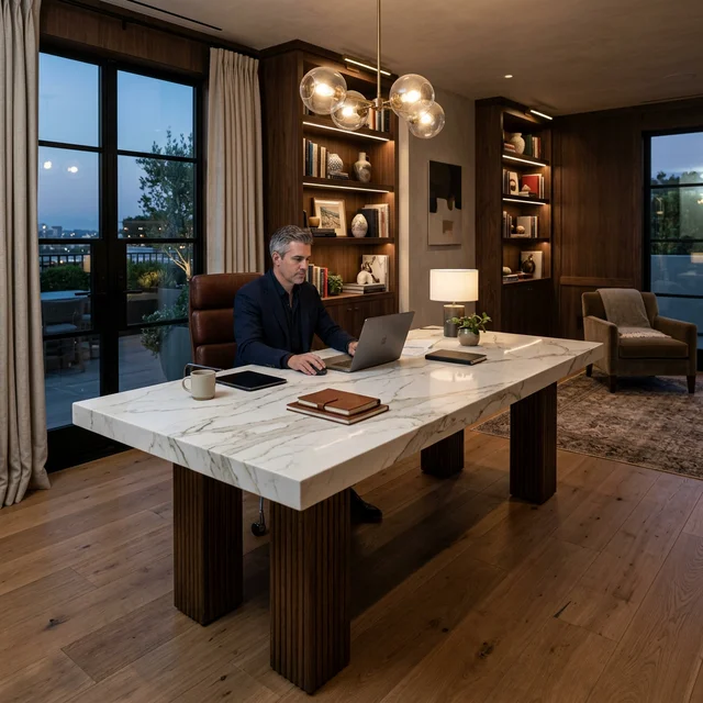Luxury home office with a dramatic calacatta quartz desk surface, leather chair and floor-to-ceiling bookshelves