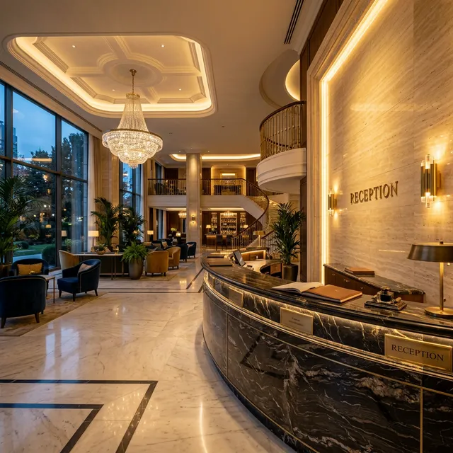 Luxury hotel lobby with sweeping dark marble reception desk and warm ambient lighting