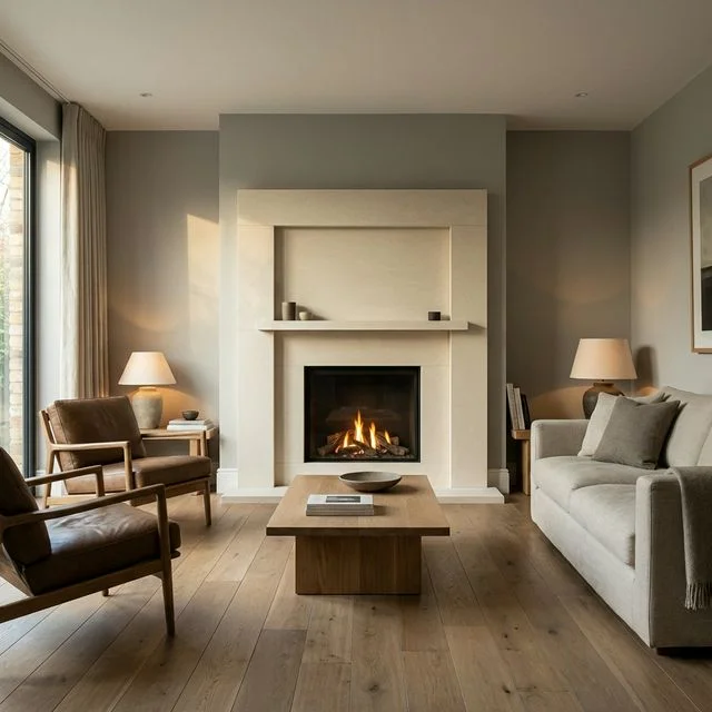 Minimalist cream limestone slab fireplace surround with warm fire in a modern British living room