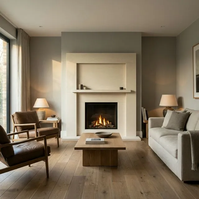 Minimalist cream limestone slab fireplace surround with warm fire in a modern British living room