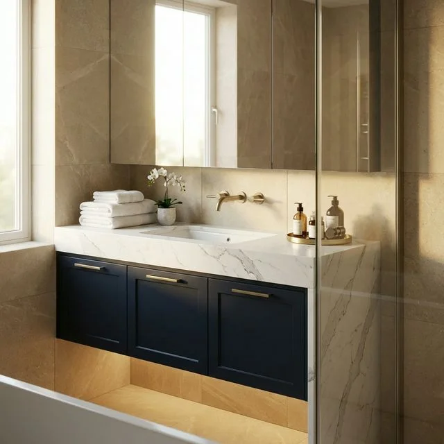Luxury modern bathroom with white calacatta marble-effect quartz vanity top and undermounted basin