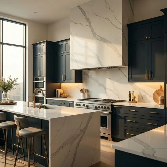 Luxury kitchen with a full-height white marble-effect quartz splashback flowing from worktop to wall behind a hob