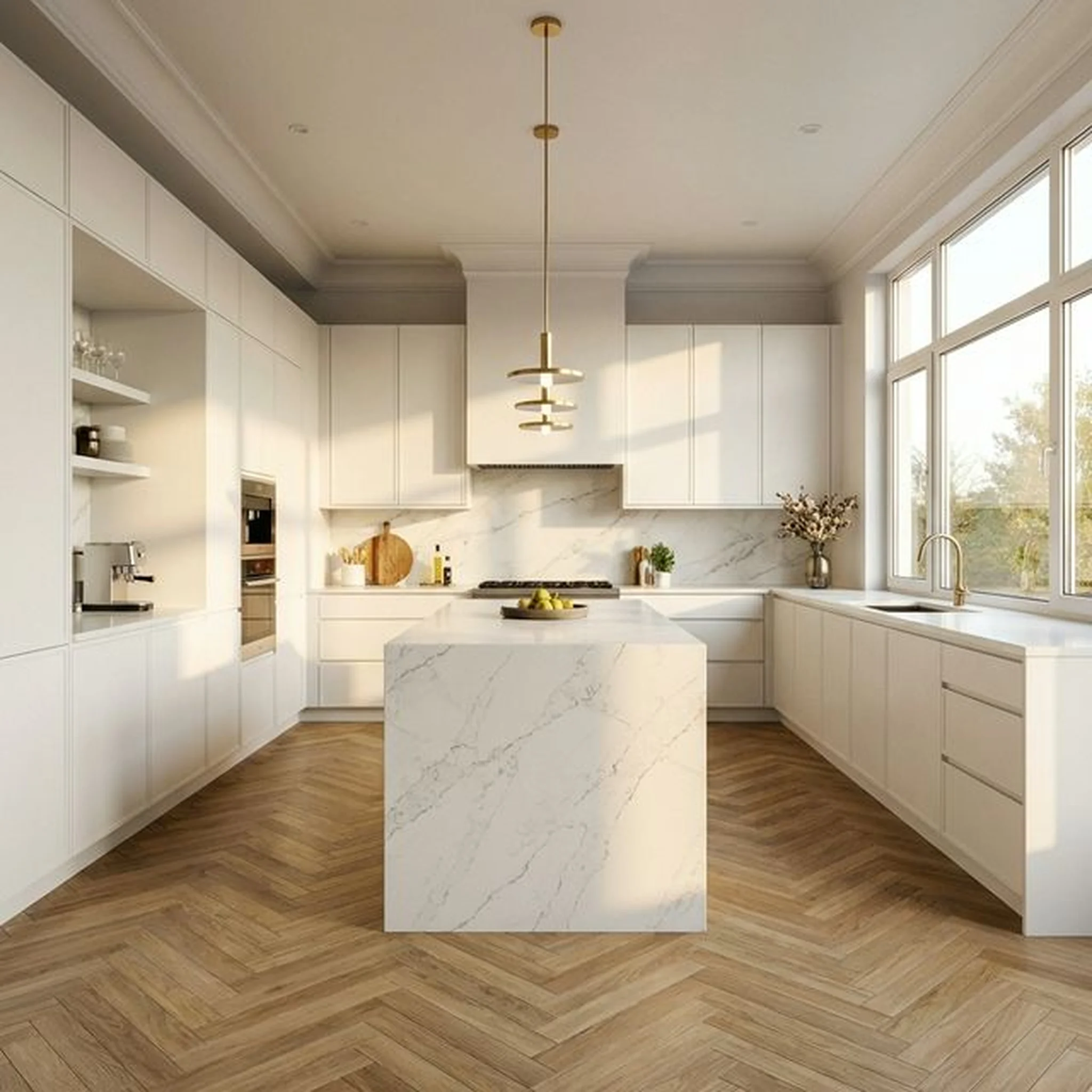 Luxury modern kitchen with white calacatta quartz worktops and waterfall island
