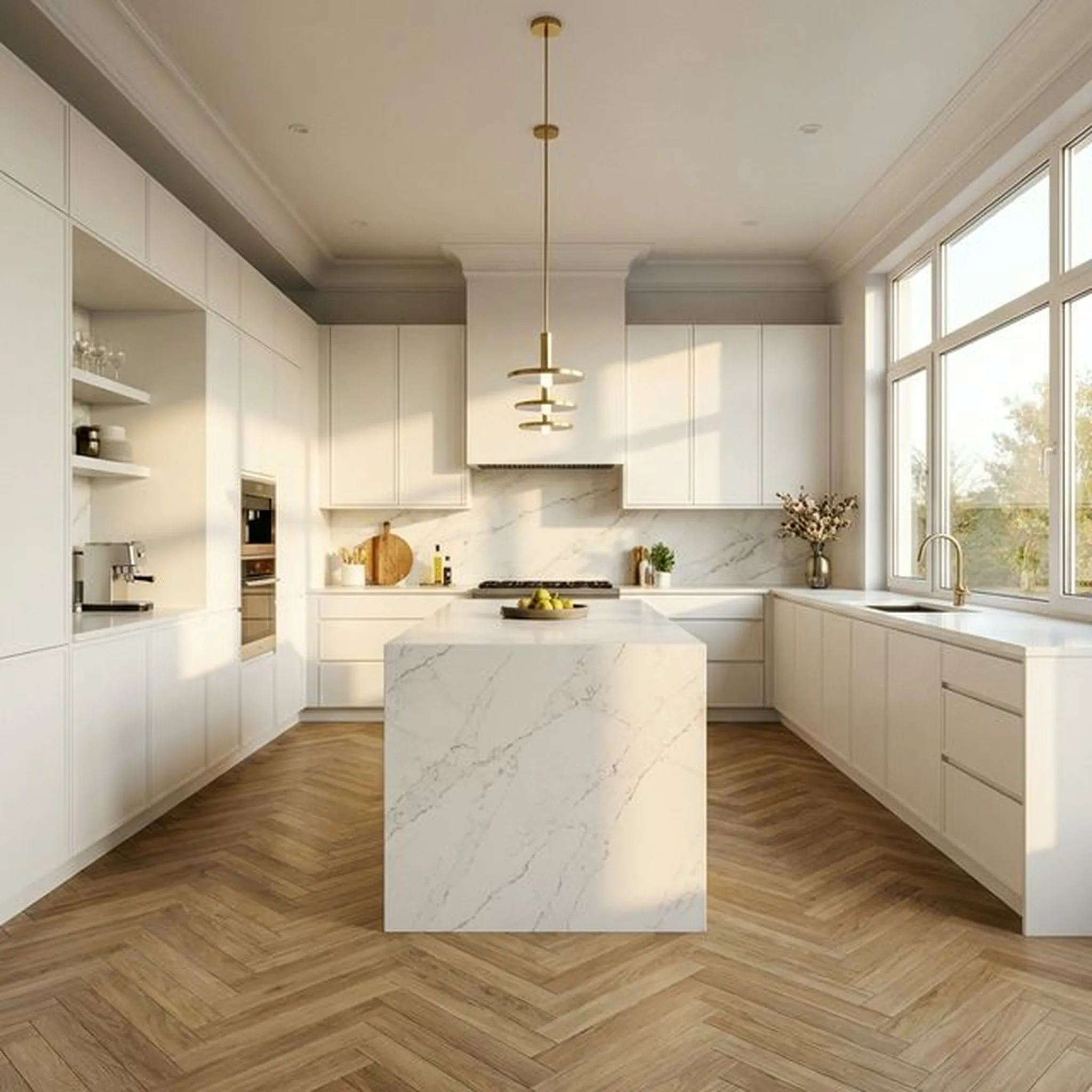Luxury modern kitchen with white calacatta quartz worktops and waterfall island