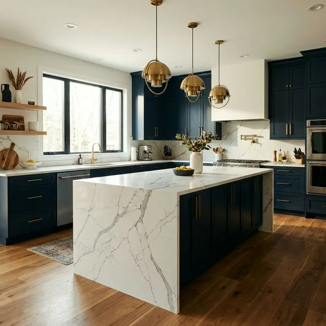 Luxury kitchen island with white calacatta quartz waterfall breakfast bar and navy cabinetry