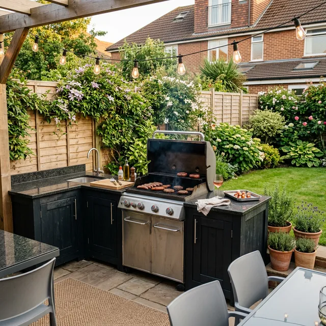 Luxury outdoor kitchen with dark stone worktops and built-in BBQ grill in a contemporary British garden setting
