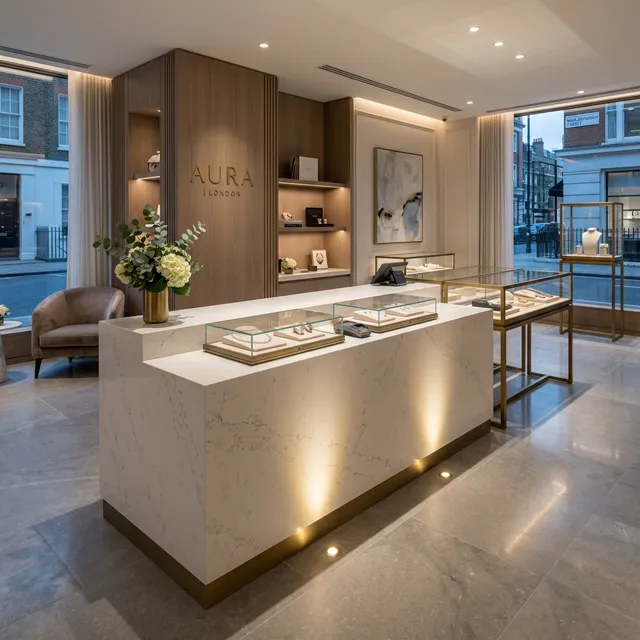 Stone reception desk in commercial lobby