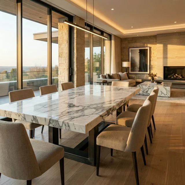 A luxury open-plan living space with a bespoke marble dining table as the centrepiece, showcasing the beauty of natural stone furniture