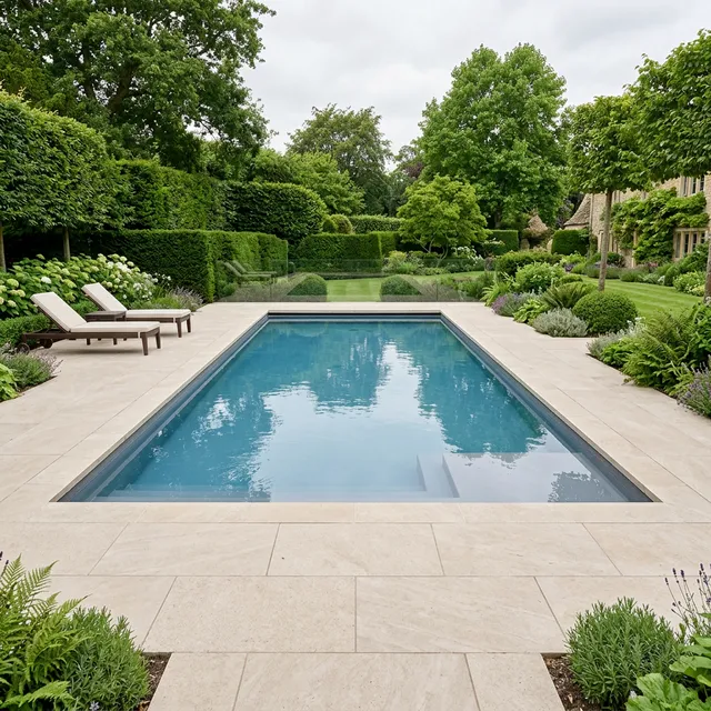 Luxury residential swimming pool with warm natural stone coping surround set in a beautifully landscaped English garden at golden hour