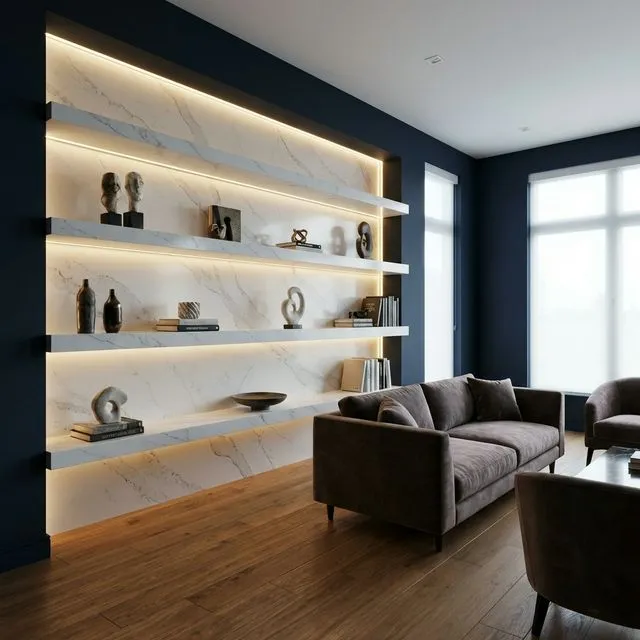 Luxury living room with illuminated marble-effect quartz floating shelves set into a deep navy wall alcove