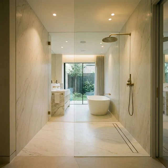 Luxury walk-in shower with a bespoke marble-effect stone shower tray, frameless glass screen, and brushed brass rainfall shower head