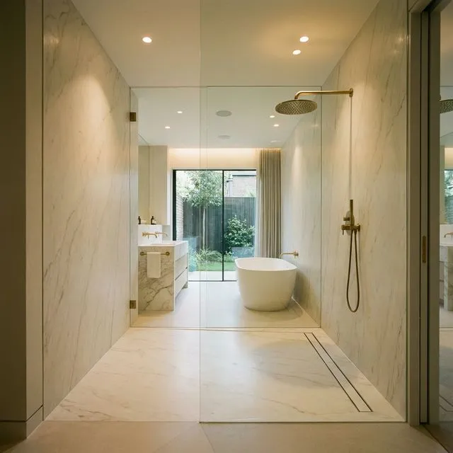 Luxury walk-in shower with a bespoke marble-effect stone shower tray, frameless glass screen, and brushed brass rainfall shower head