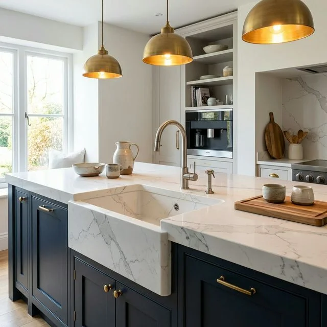 Luxury kitchen with integrated white calacatta quartz stone sink and dark navy cabinetry
