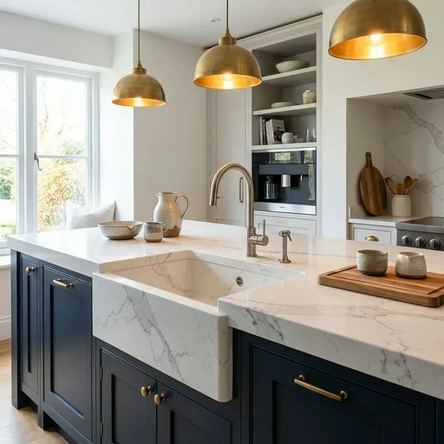 Luxury kitchen with integrated white calacatta quartz stone sink and dark navy cabinetry