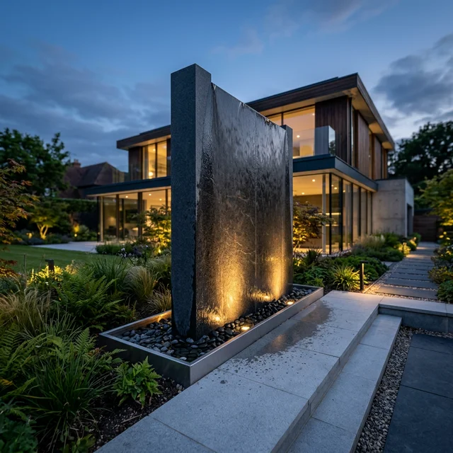 Minimalist dark stone water wall feature with warm uplighting in a contemporary British garden at dusk