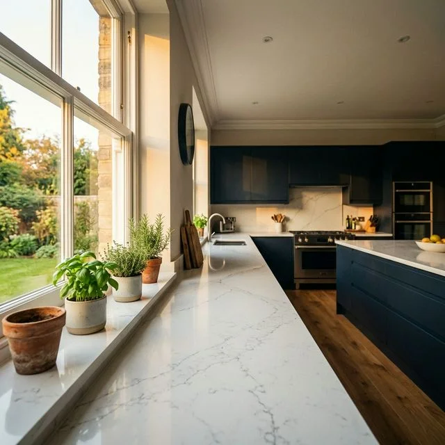Luxury kitchen with a polished marble-effect quartz window sill overlooking a garden