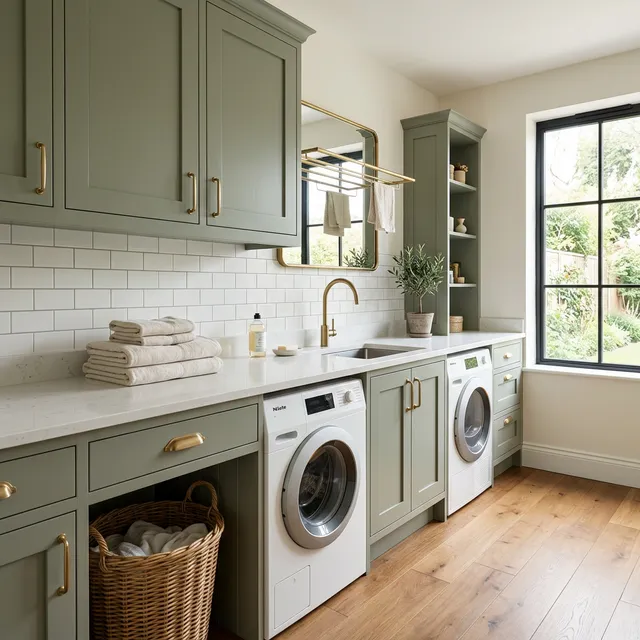 Premium utility room with sage green cabinetry, white quartz stone worktop, integrated sink, and built-in washing machine