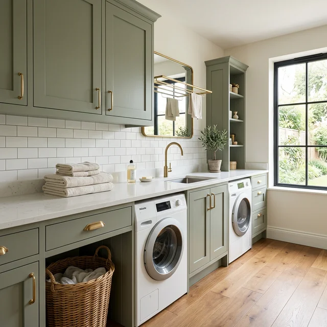 Premium utility room with sage green cabinetry, white quartz stone worktop, integrated sink, and built-in washing machine
