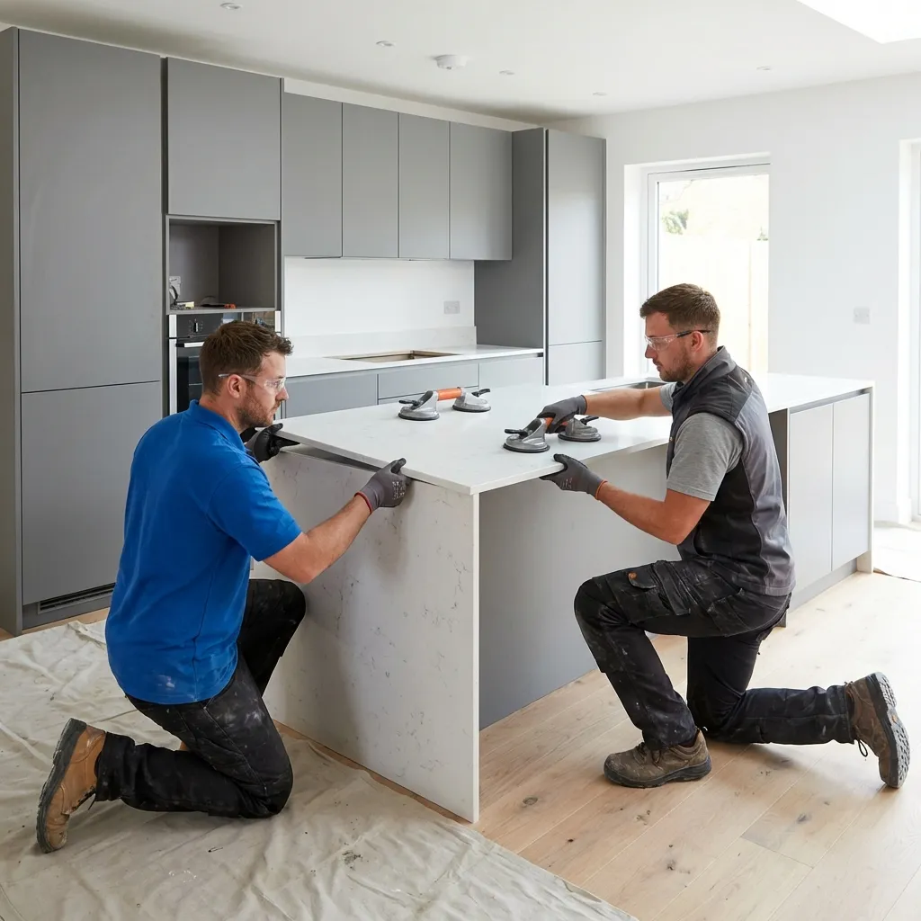 In2stone installation team fitting stone worktops in a kitchen